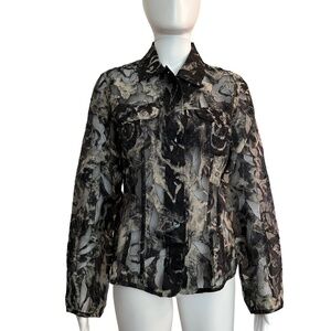 Chico’s.  Women’s medium Sheer blouse.  Black/gray print.  Size:  Chico’s 0